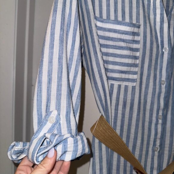 Blue and White stripe shirt dress midi with tan belt size medium 6-8 - Picture 9 of 13